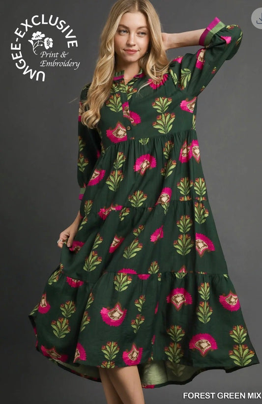 Forest green  floral print tiered midi dress