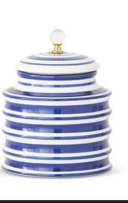 Blue and white ribbed canisters with crystal knobs