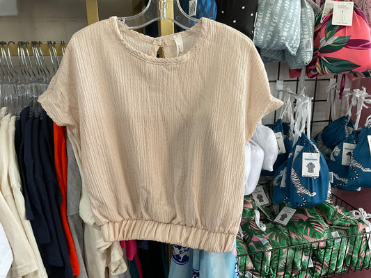 Girls Crinkle Texture Top with Elastic Waist-Natural