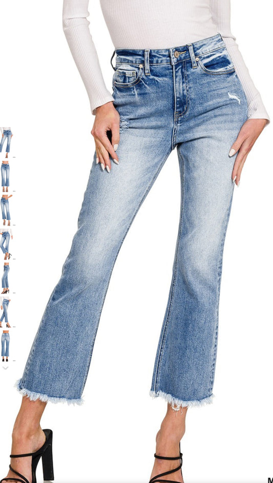 High Rise Straight Raw Hem Cropped Denim Pants- light wash