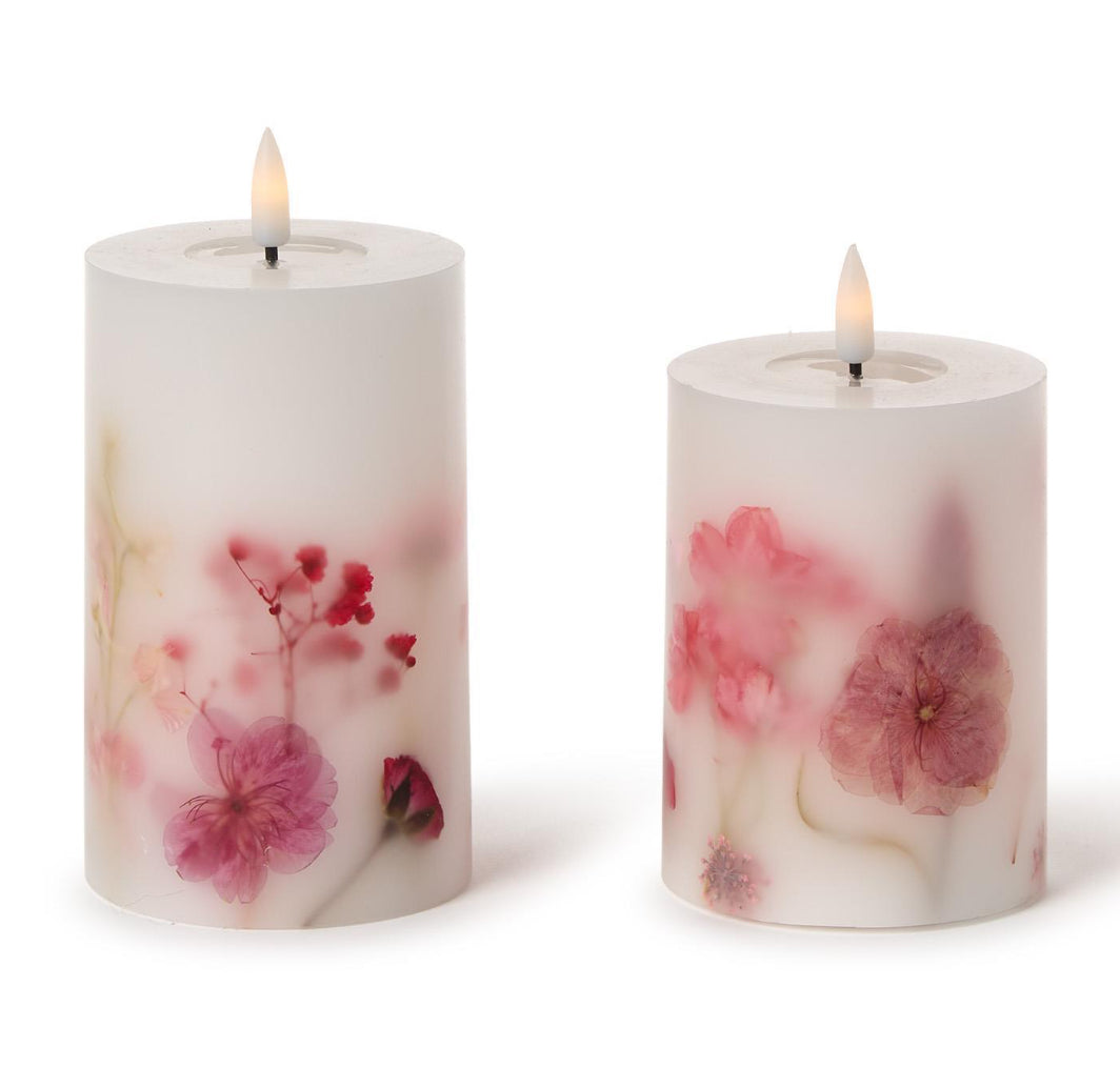 Flickering Flameless Wax Pillar Candles with Pressed Flowers and Melt Pool