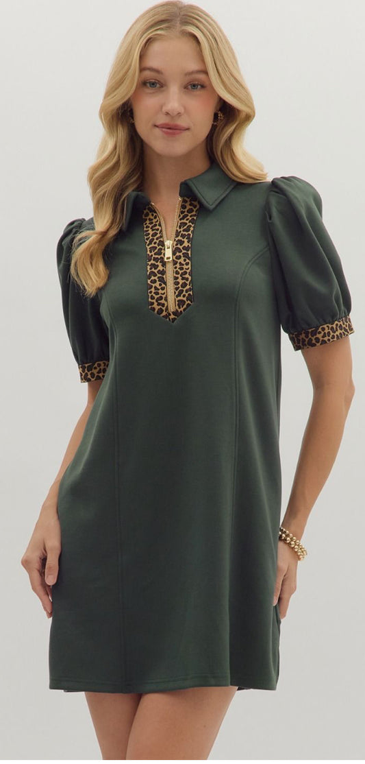 Dark green solid puff short sleeve mini dress featuring leopard print trim