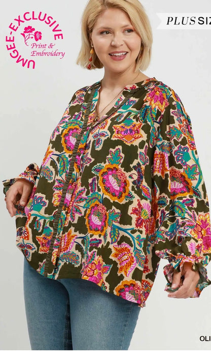 Mixed Floral Print Button Down Blouse