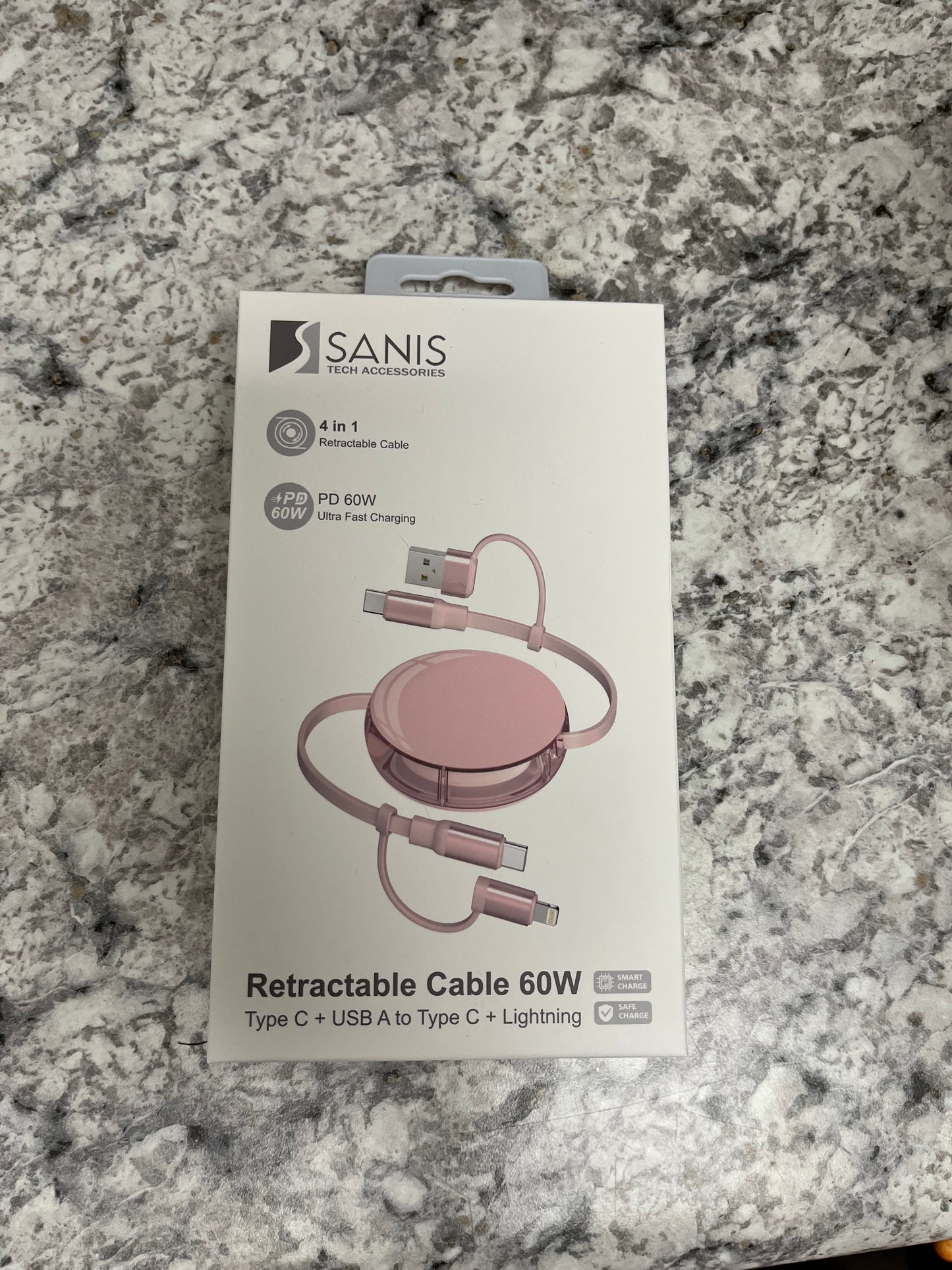 60w USB+type c to type c+ lighting retractable cable