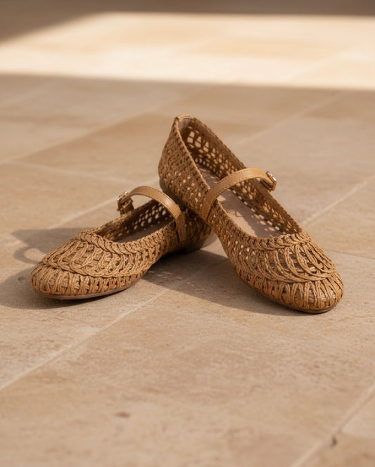 SUSAN WOVEN DESIGNED MARY JANE FLAT in CAMEL