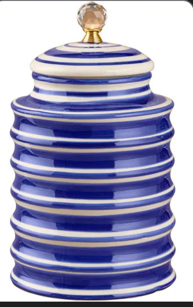 Blue and white ribbed canisters with crystal knobs