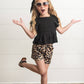 Kids Black Shirred Top & Leopard Print Bow Spring Short Set