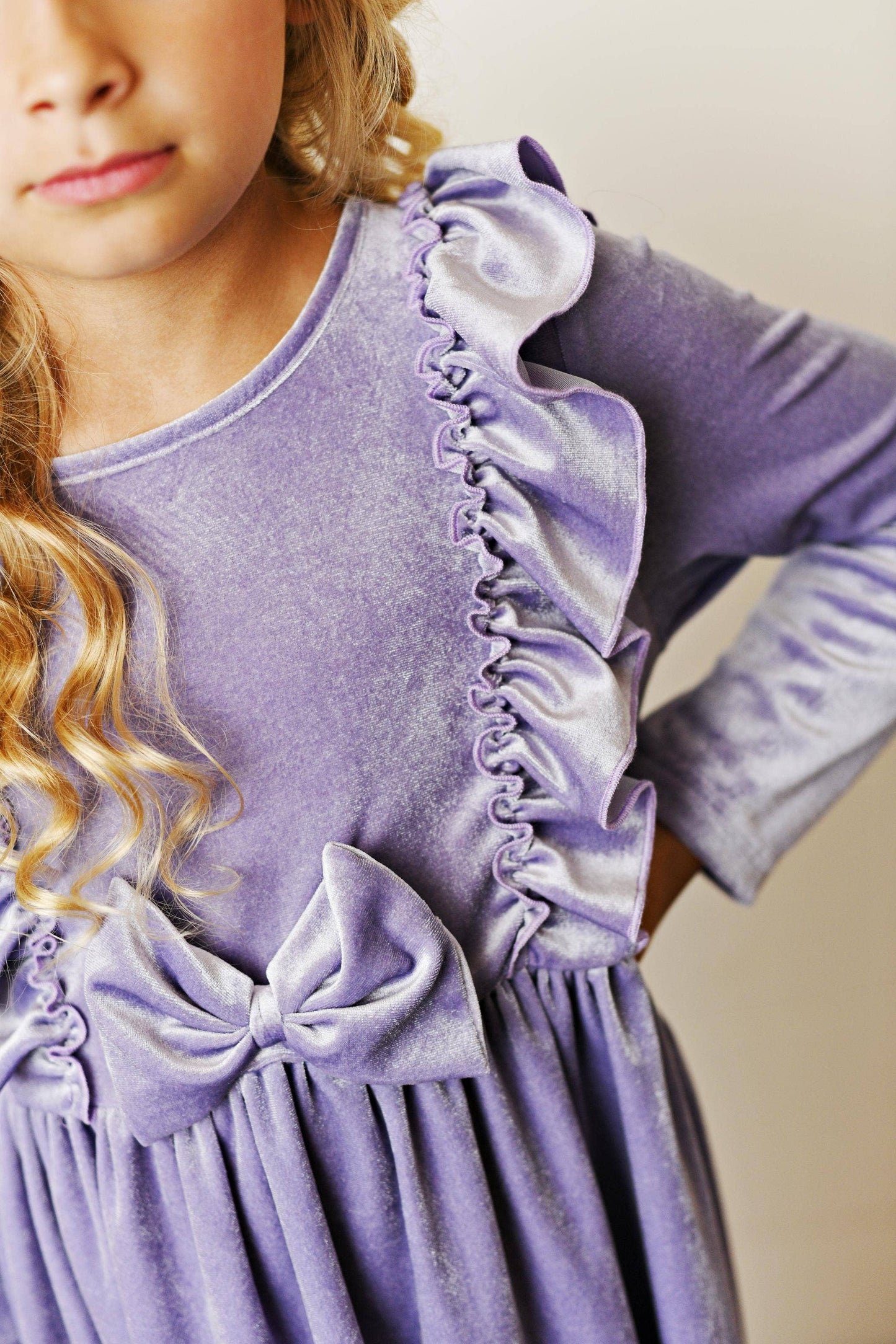 Kids Lavender Velvet bow Ruffle Fancy Holiday Party Dress