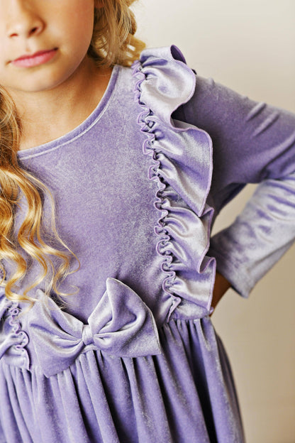 Kids Lavender Velvet bow Ruffle Fancy Holiday Party Dress