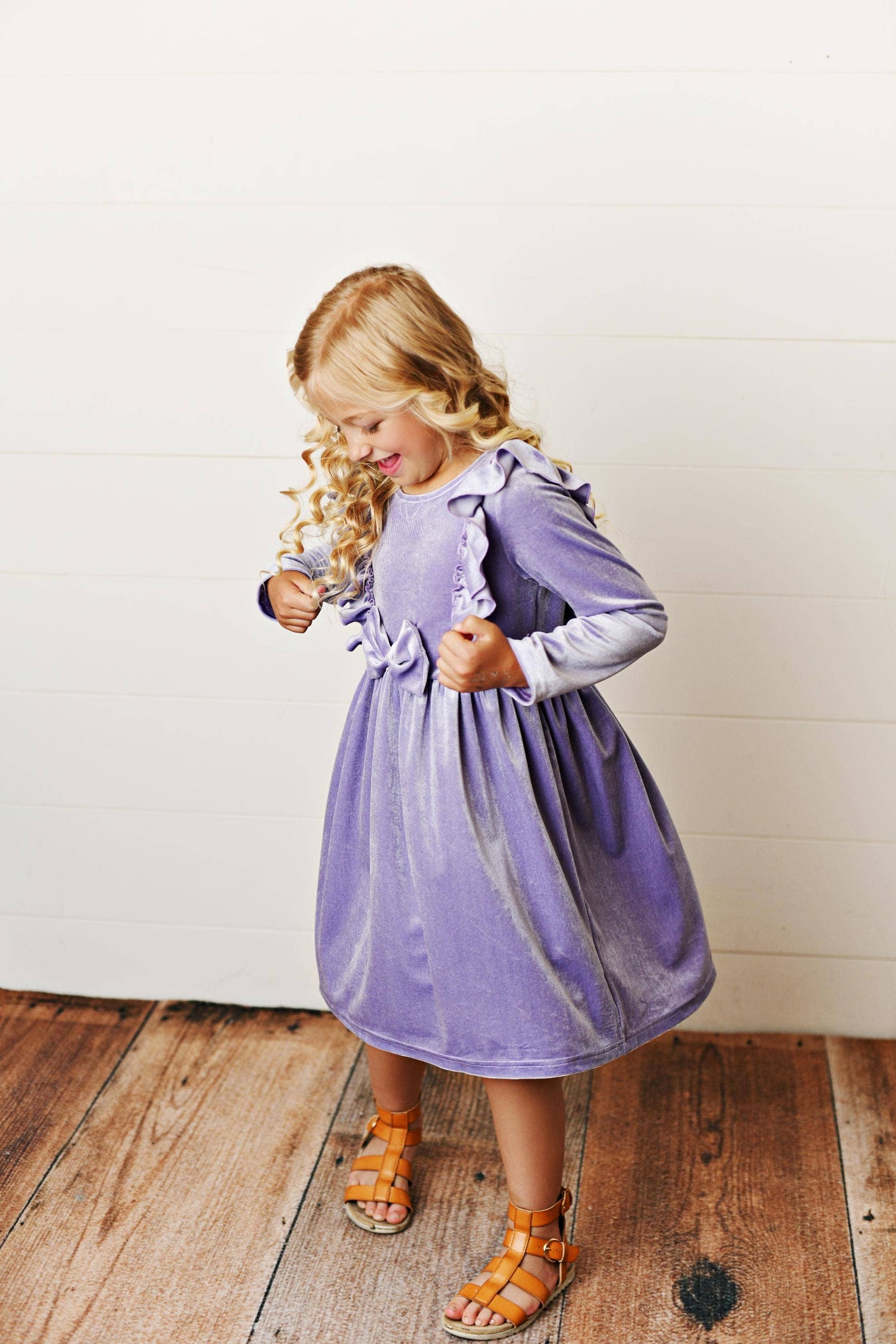 Kids Lavender Velvet bow Ruffle Fancy Holiday Party Dress