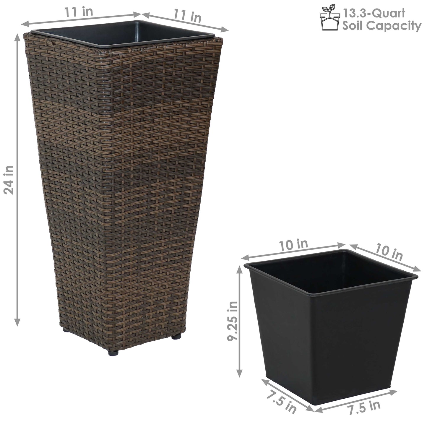 24 in Polyrattan Tall Square Planter - Brown