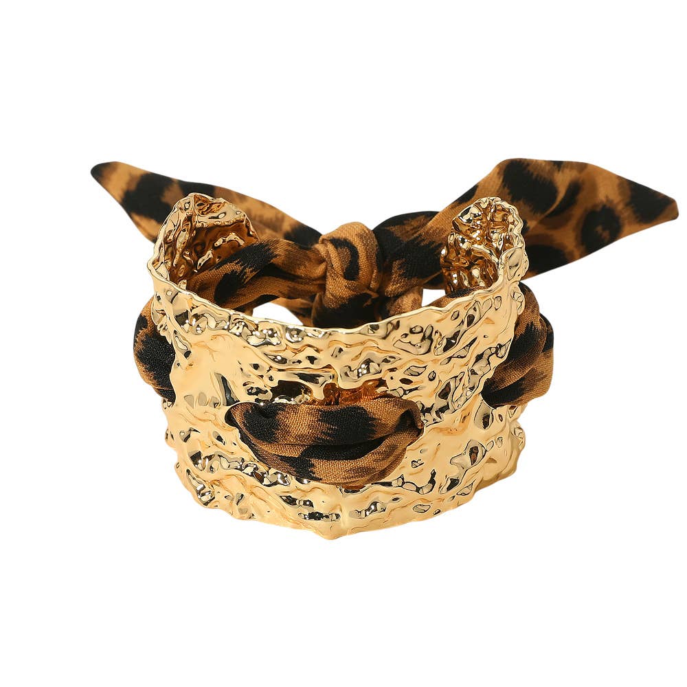 Leopard Print Fabric Scarf Bold Hammered Metal Cuff Bracelet