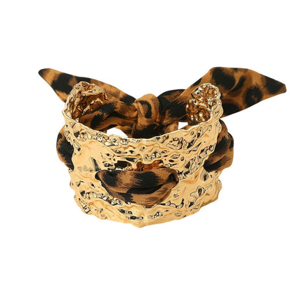 Leopard Print Fabric Scarf Bold Hammered Metal Cuff Bracelet