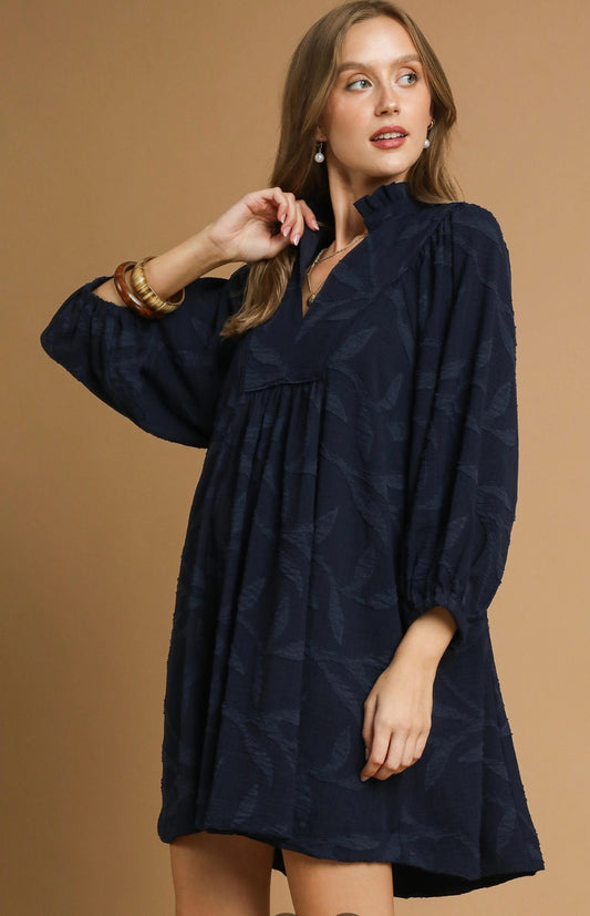 Jacquard High Ruffle Neck Dress-navy