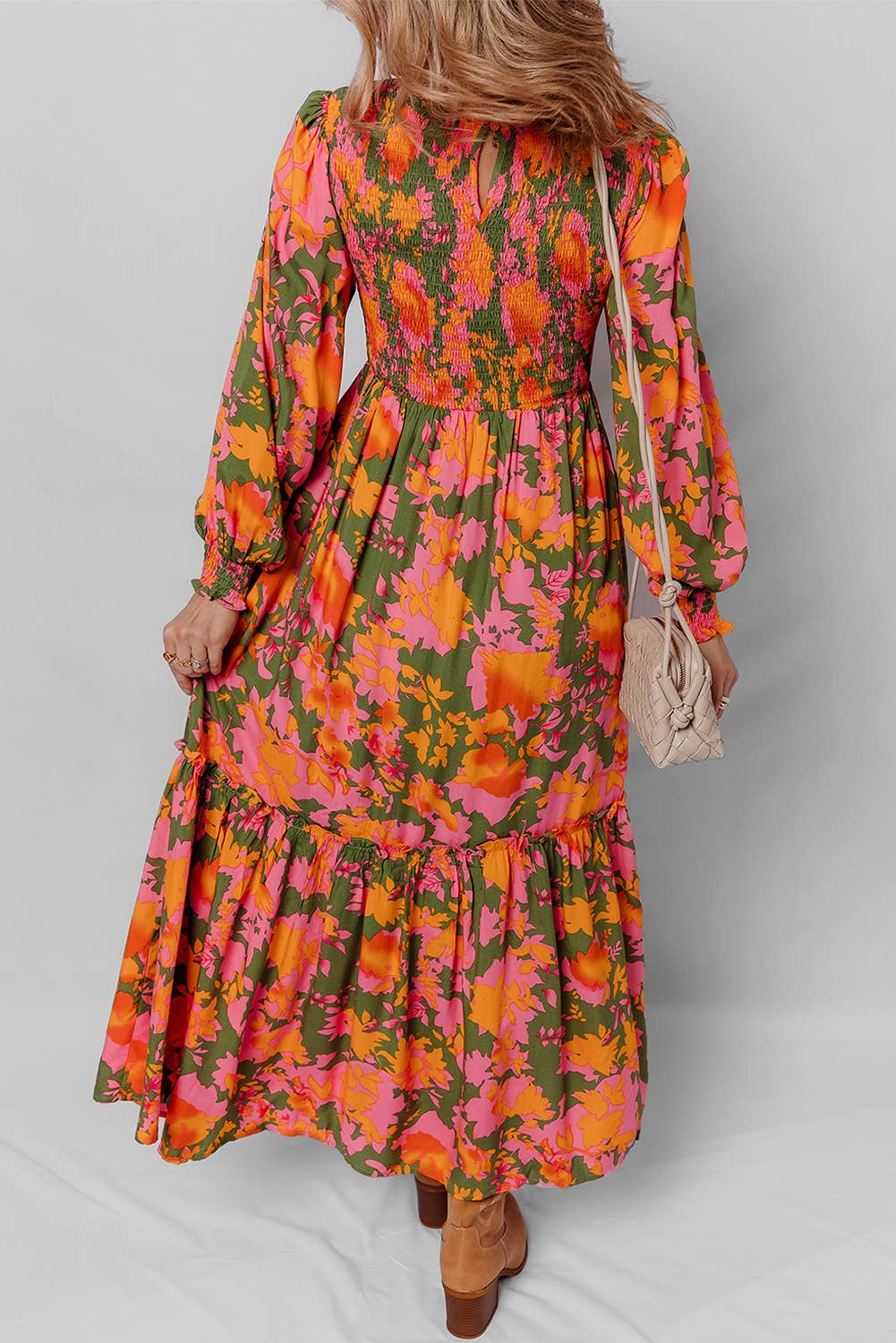 LDC Floral Smocked Puff Sleeve Ruffled Long Dress