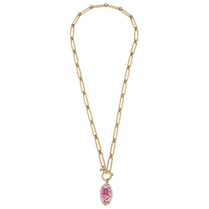 Evelyn Chinoiserie T-Bar Necklace in Pink & White