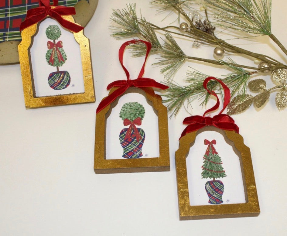 3.5x.5x5" Framed Ornament, Topiaries in Plaid Pots