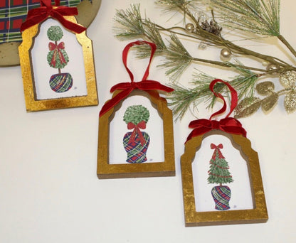 3.5x.5x5" Framed Ornament, Topiaries in Plaid Pots