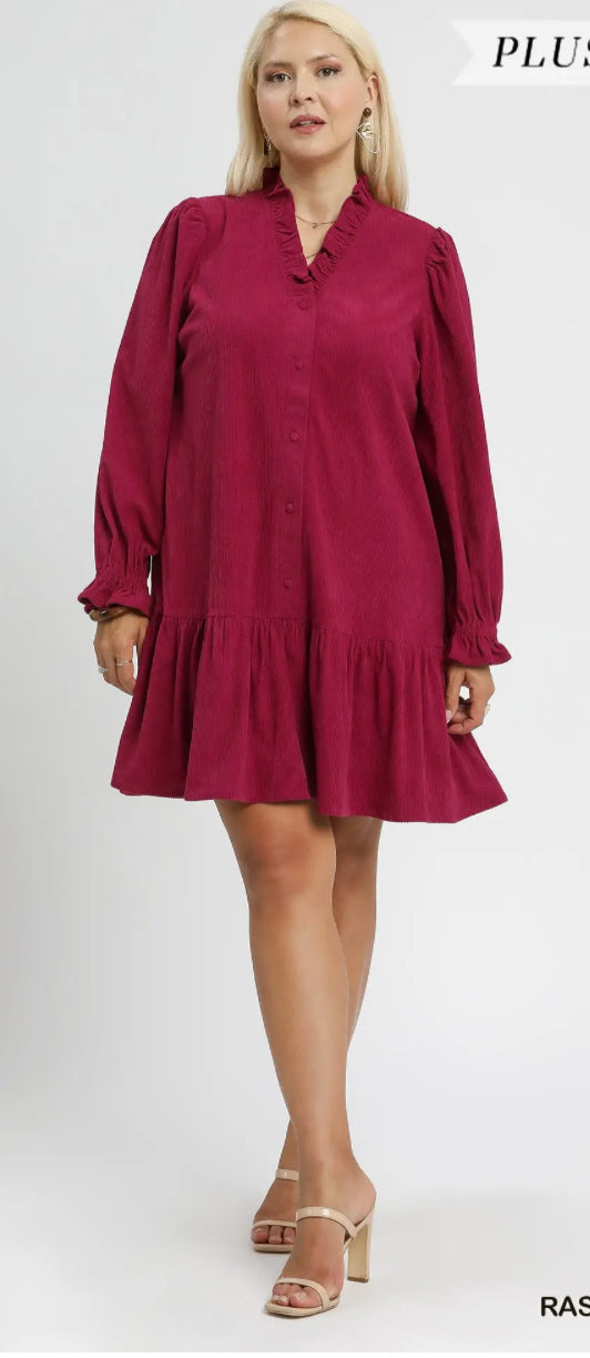 Corduroy Ruffle Trim Babydoll Dress-raspberry