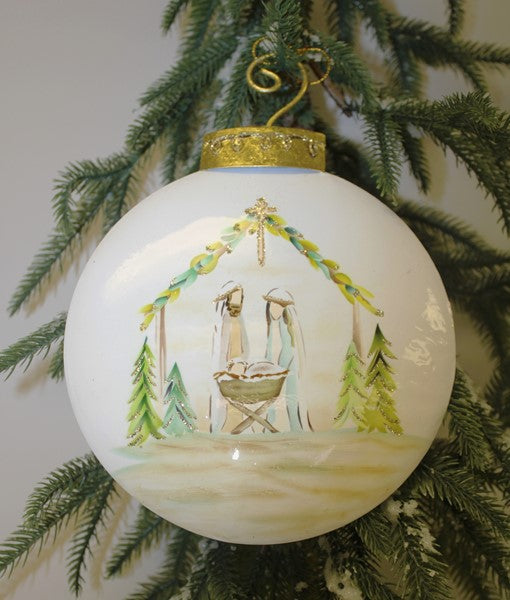 Hand painted disc ornament, evergreen nativity