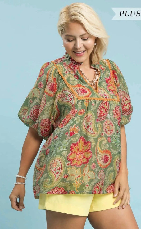 Mix Paisley Print Blouse with Puff Sleeves