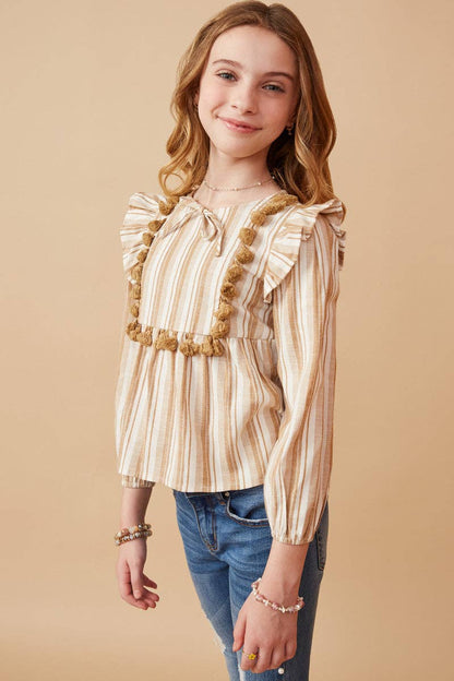 Girls Textured Stripe Tasseled Bodice Top