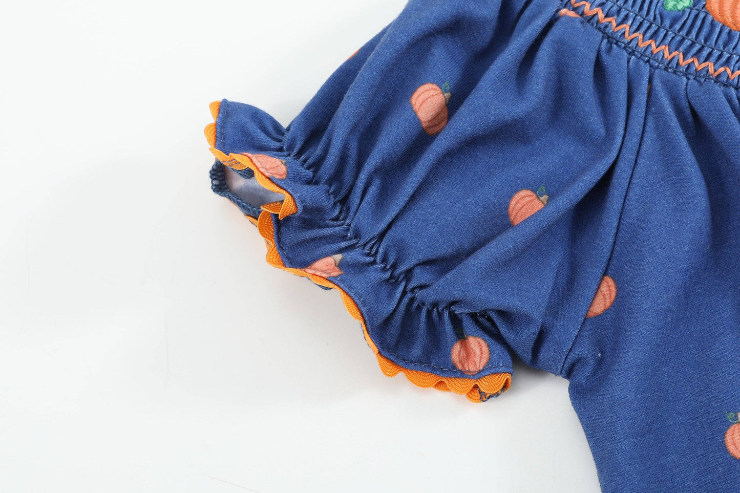 Blue Pumpkin Print Knit Smocked Bishop Dress
