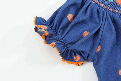 Blue Pumpkin Print Knit Smocked Bishop Dress