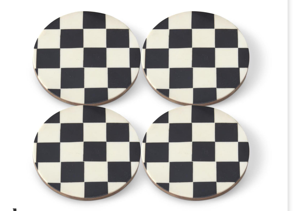 Set of 4 Black & White Check Enameled Wood Coasters