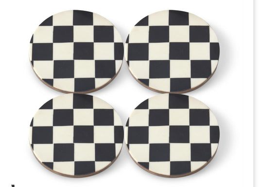 Set of 4 Black & White Check Enameled Wood Coasters