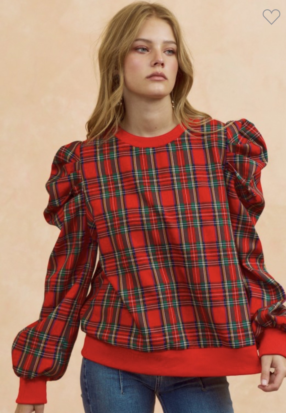 Christmas plaid puffed shoulder top