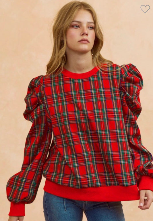 Christmas plaid puffed shoulder top