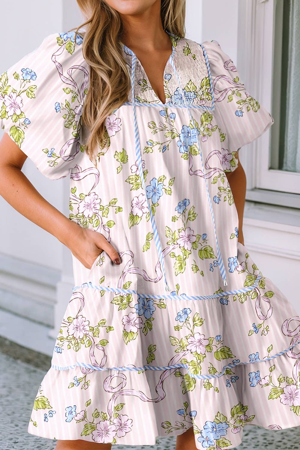 LDC Floral Striped Print Contrast Trim Tie Split Neck Dress