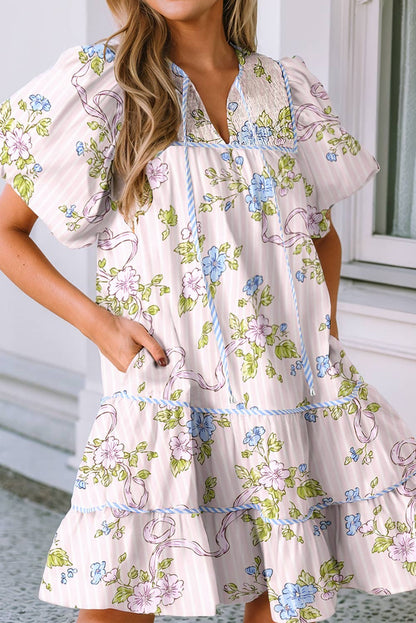 LDC Floral Striped Print Contrast Trim Tie Split Neck Dress