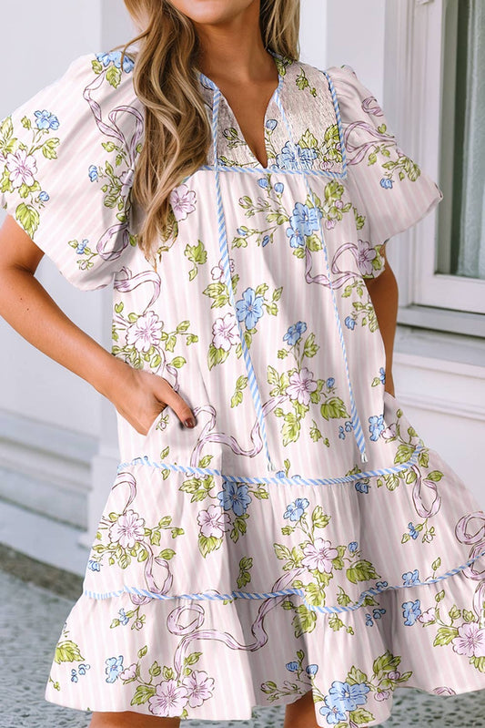 LDC Floral Striped Print Contrast Trim Tie Split Neck Dress