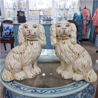 STAFFORDSHIRE DOGS W/ GOLD CHAIN-ANTIQUE CREAM -PAIR