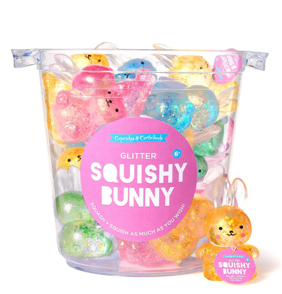 Squishy Glitter Bunny Toy with Bucket Display Includes