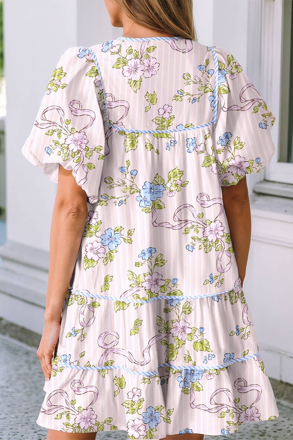 LDC Floral Striped Print Contrast Trim Tie Split Neck Dress