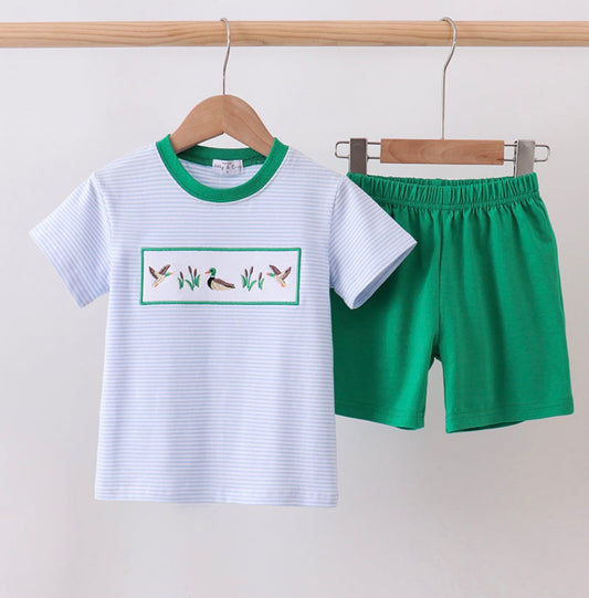 Blue stripe duck embroidery shorts set