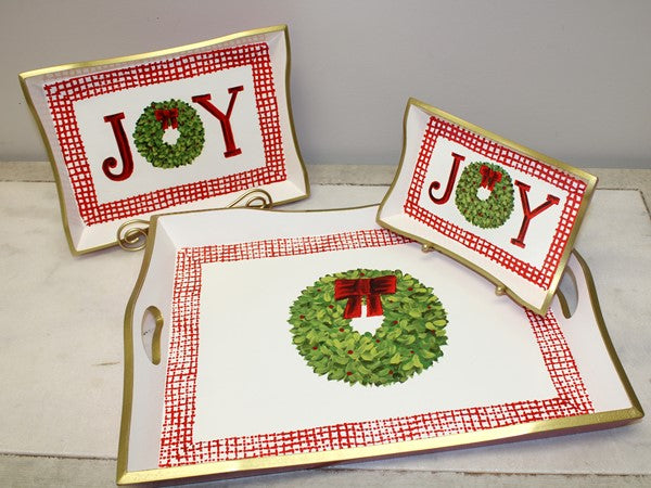 Hand painted wood trays joy/wreath