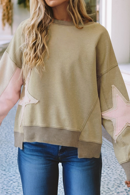 LDC Contrast Star Patchwork Exposed Seam Shoulder Sweatshirt
