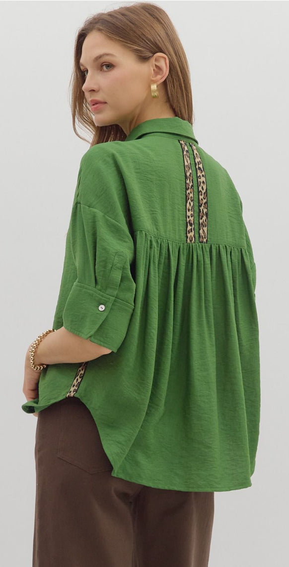 Fern green button up with animal print detail by Entro