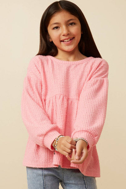Girls Textured Crushed Rib Puff Sleeve Peplum Knit Top