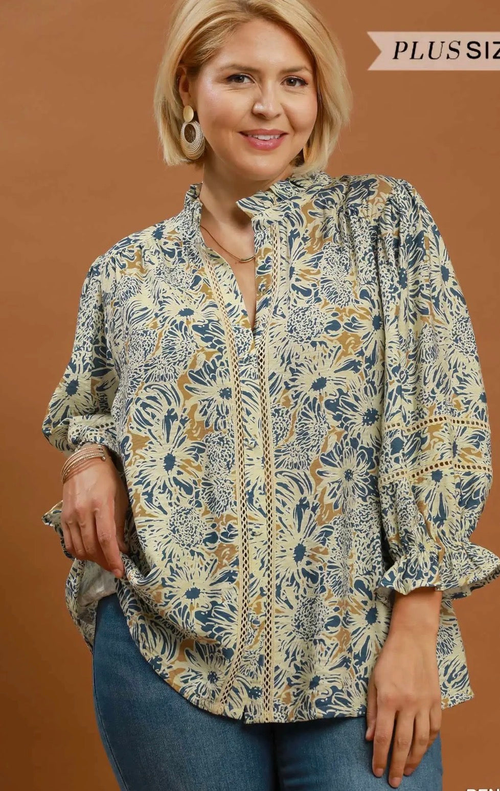 Floral Print Lace Trim Button Front Blouse