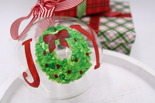 Hand painted glass ornament joy with wreath