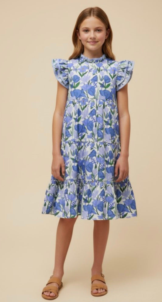 GIRLS CONTRAST PIPED RUFFLE NECK
FLORAL TANK DRESS