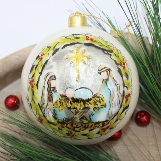 Hand painted ball ornament holy family with Holly wreath