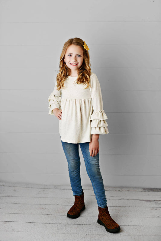 Kids Cream Ecru 3 Ruffle Sleeve Blouse Winter Shirt