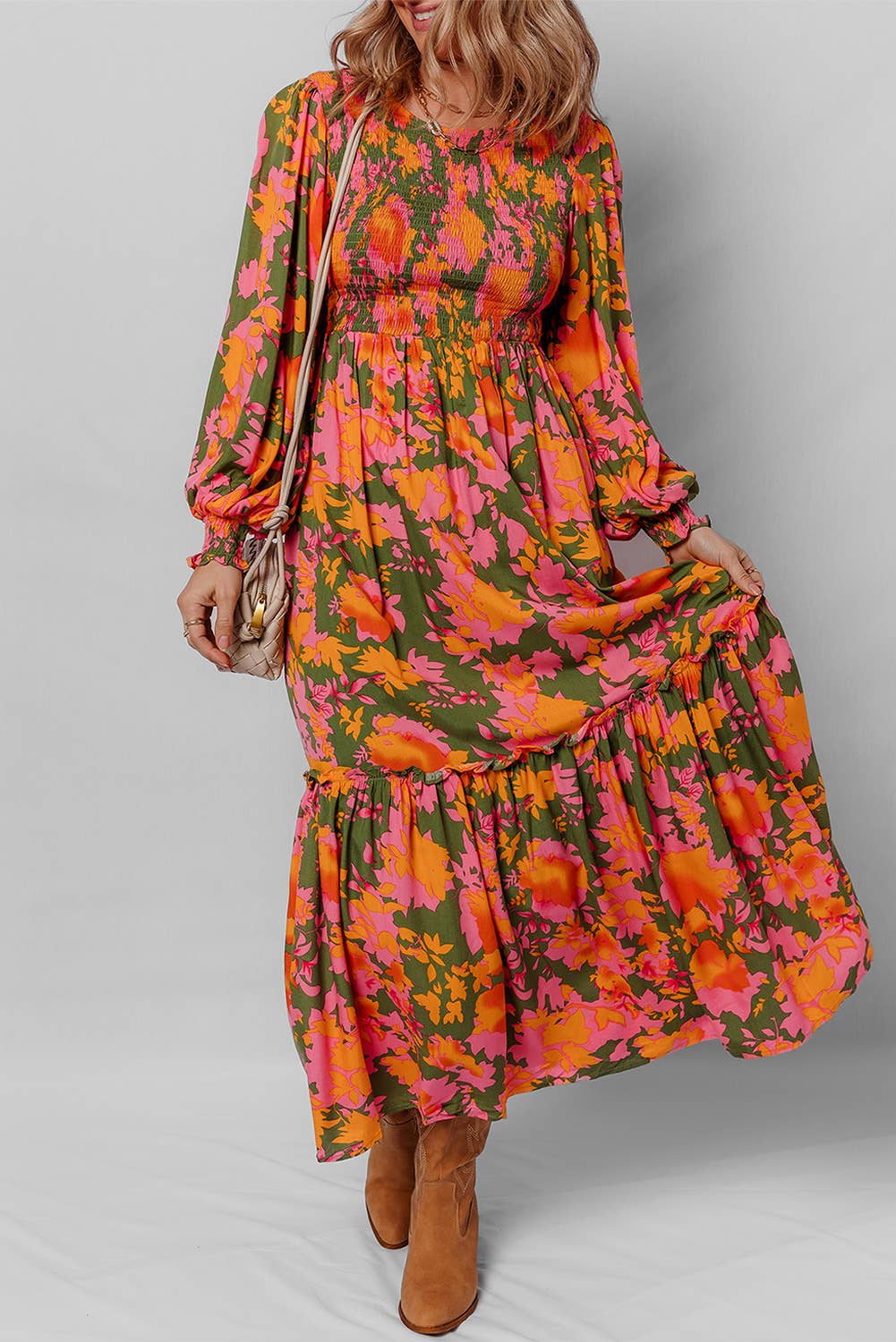 LDC Floral Smocked Puff Sleeve Ruffled Long Dress