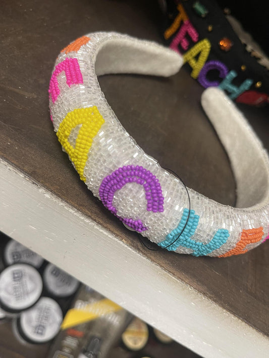 white beaded teacher headband